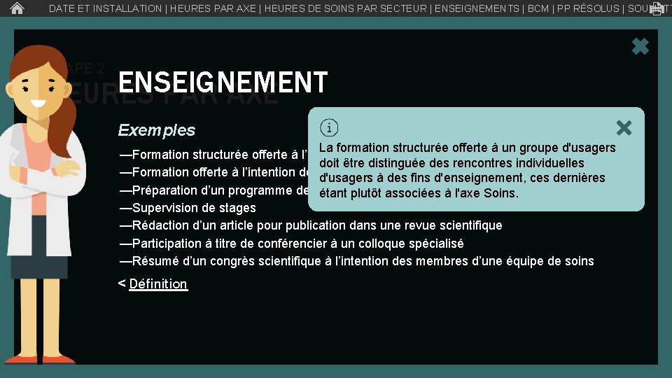 DATE ET INSTALLATION | HEURES PAR AXE | HEURES DE SOINS PAR SECTEUR |