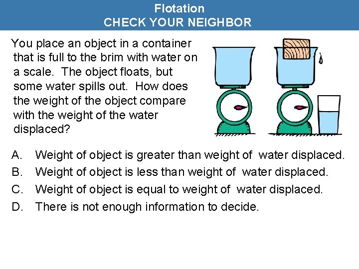 Flotation CHECK YOUR NEIGHBOR You place an object in a container that is full