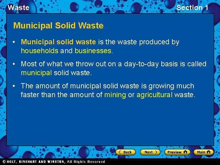 Waste Section 1 Municipal Solid Waste • Municipal solid waste is the waste produced
