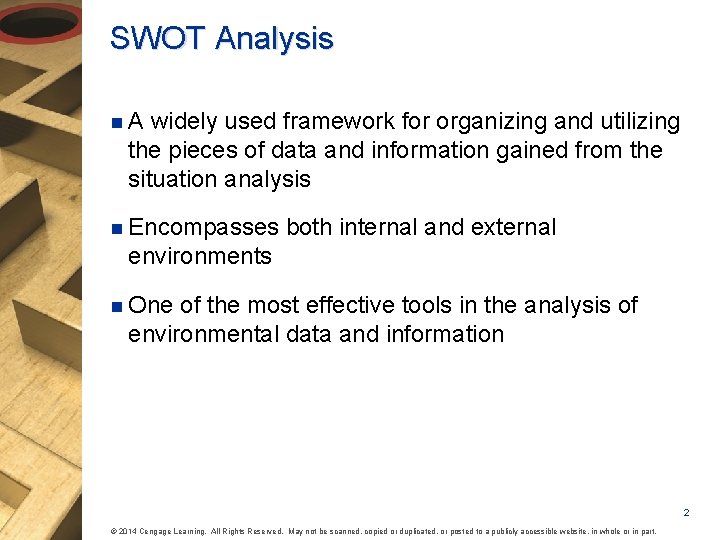 SWOT Analysis n. A widely used framework for organizing and utilizing the pieces of