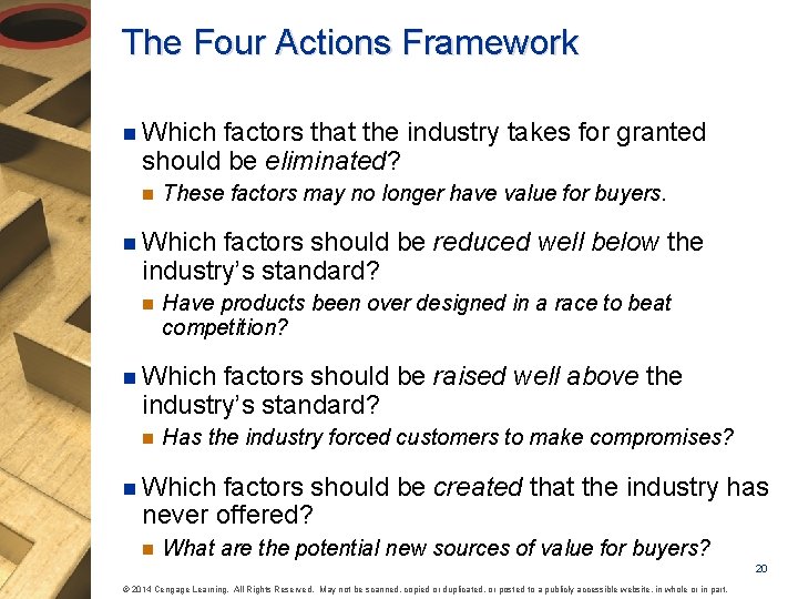 The Four Actions Framework n Which factors that the industry takes for granted should