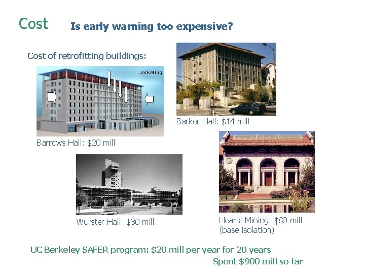 Cost Is early warning too expensive? Cost of retrofitting buildings: Barker Hall: $14 mill Cost Is early warning too expensive? Cost of retrofitting buildings: Barker Hall: $14 mill