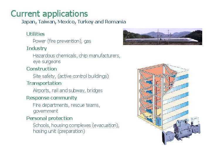 Current applications Japan, Taiwan, Mexico, Turkey and Romania Utilities Power (fire prevention), gas Industry Current applications Japan, Taiwan, Mexico, Turkey and Romania Utilities Power (fire prevention), gas Industry