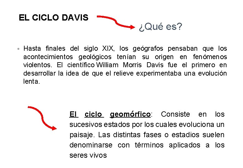 EL CICLO DAVIS ¿Qué es? • Hasta finales del siglo XIX, los geógrafos pensaban EL CICLO DAVIS ¿Qué es? • Hasta finales del siglo XIX, los geógrafos pensaban