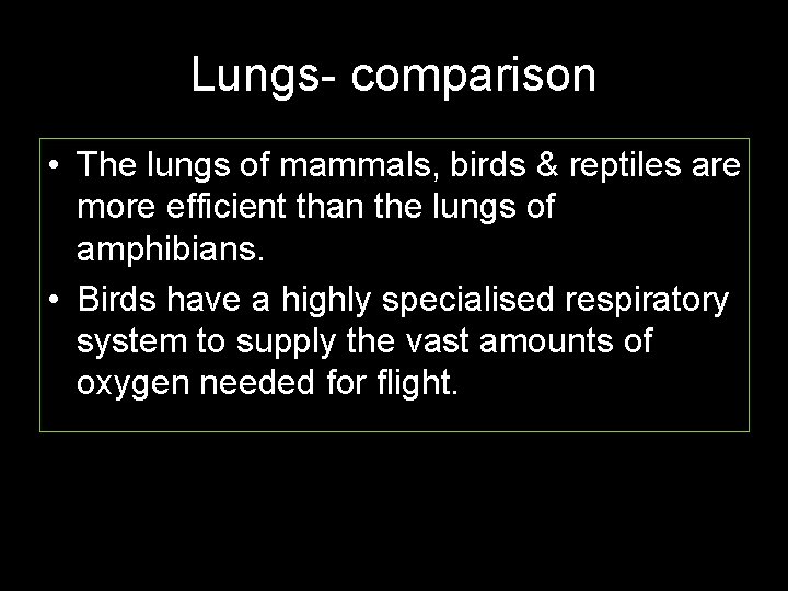 Lungs- comparison • The lungs of mammals, birds & reptiles are more efficient than