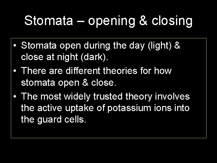 Stomata – opening & closing • Stomata open during the day (light) & close