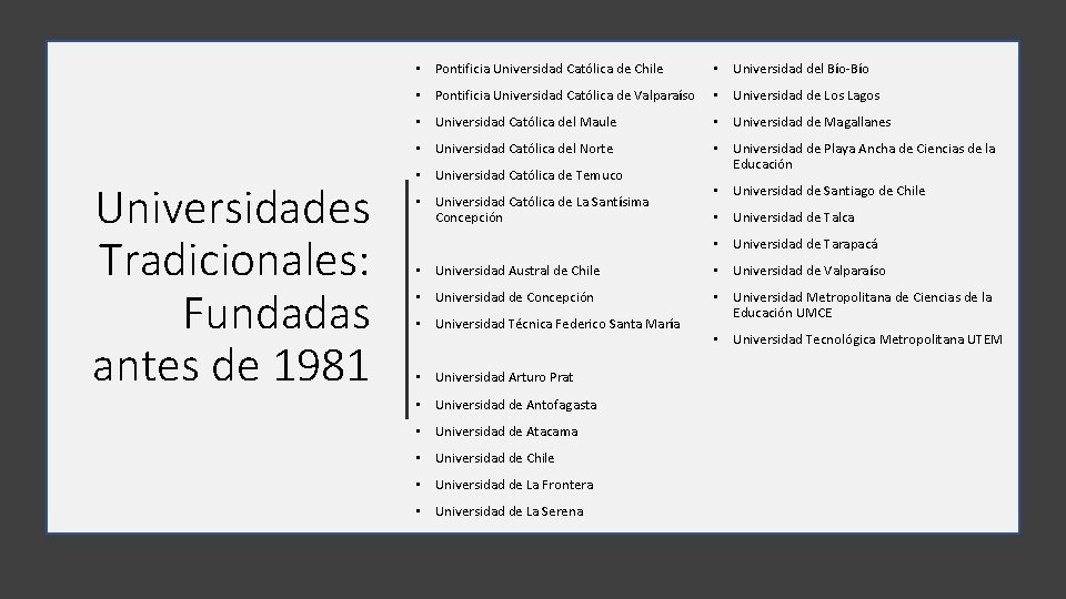 Universidades Tradicionales: Fundadas antes de 1981 • Pontificia Universidad Católica de Chile • Universidad