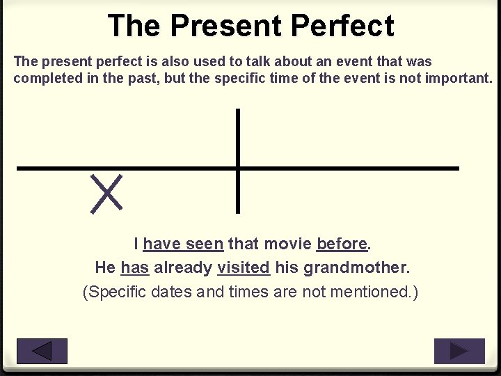 The Present Perfect The present perfect is also used to talk about an event The Present Perfect The present perfect is also used to talk about an event