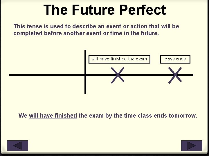 The Future Perfect This tense is used to describe an event or action that The Future Perfect This tense is used to describe an event or action that