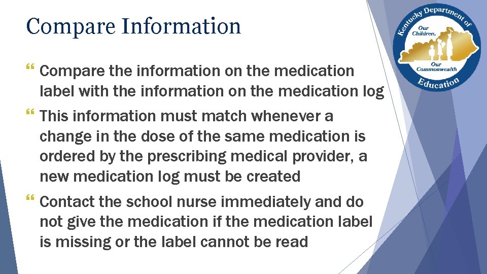 Compare Information } Compare the information on the medication label with the information on