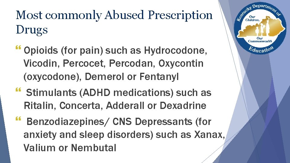 Most commonly Abused Prescription Drugs } Opioids (for pain) such as Hydrocodone, Vicodin, Percocet,
