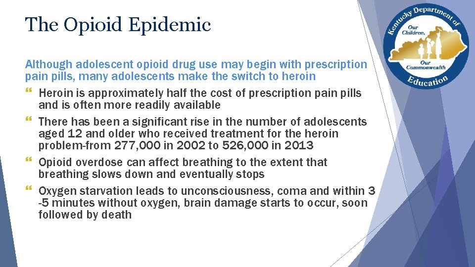 The Opioid Epidemic Although adolescent opioid drug use may begin with prescription pain pills,