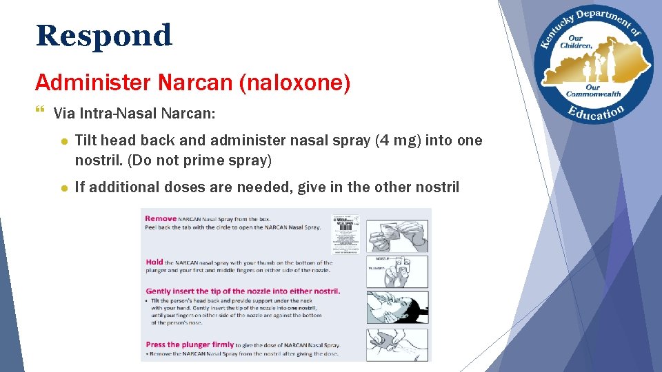 Respond Administer Narcan (naloxone) } Via Intra-Nasal Narcan: ● Tilt head back and administer