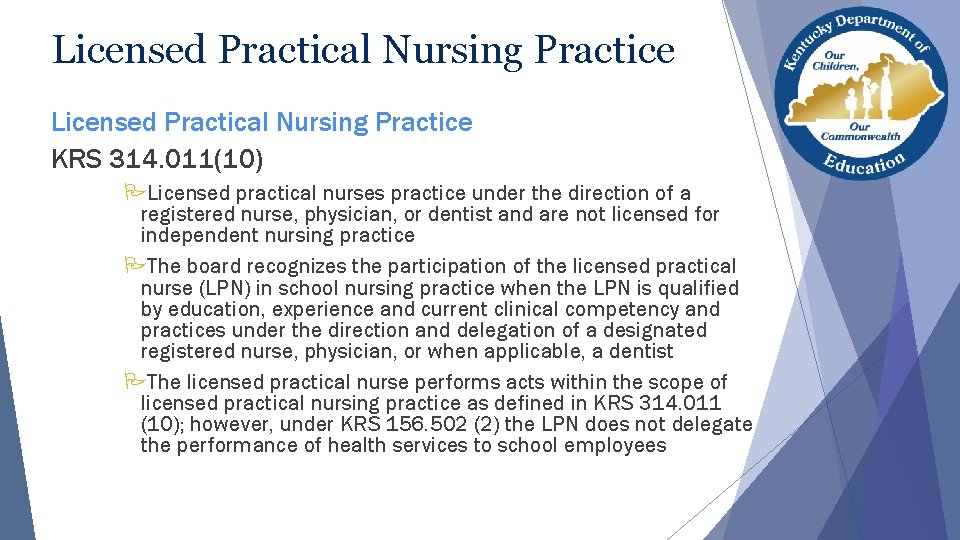 Licensed Practical Nursing Practice KRS 314. 011(10) Licensed practical nurses practice under the direction