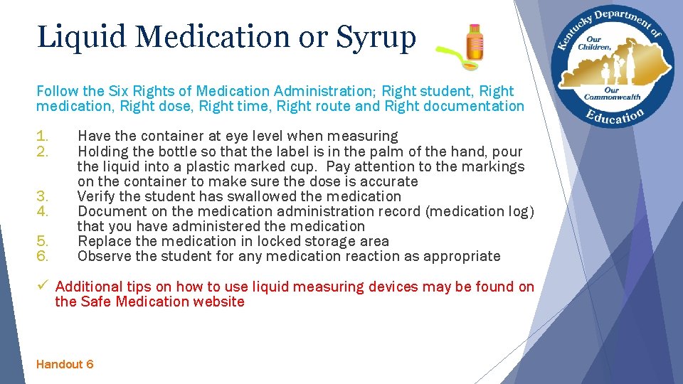 Liquid Medication or Syrup Follow the Six Rights of Medication Administration; Right student, Right