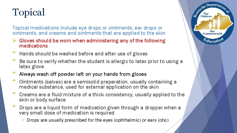 Topical medications include eye drops or ointments, ear drops or ointments, and creams and