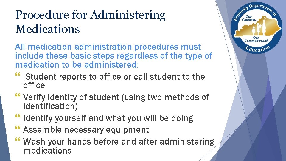 Procedure for Administering Medications All medication administration procedures must include these basic steps regardless