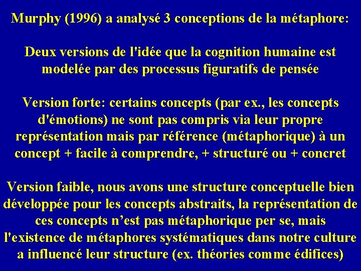 Murphy (1996) a analysé 3 conceptions de la métaphore: Deux versions de l'idée que