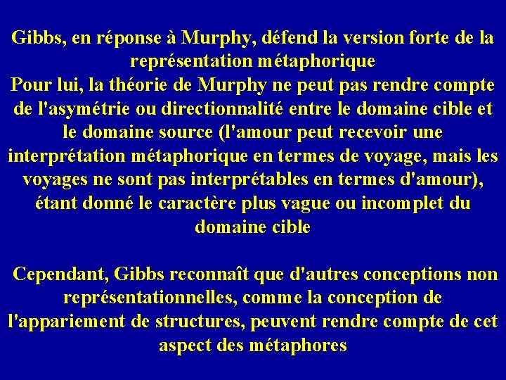 Gibbs, en réponse à Murphy, défend la version forte de la représentation métaphorique Pour