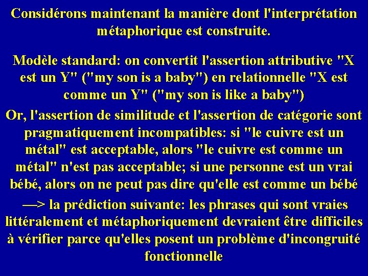 Considérons maintenant la manière dont l'interprétation métaphorique est construite. Modèle standard: on convertit l'assertion