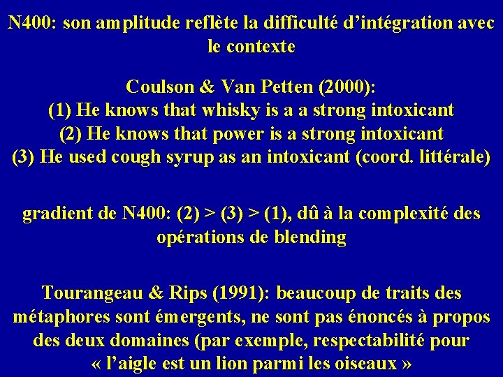 N 400: son amplitude reflète la difficulté d’intégration avec le contexte Coulson & Van