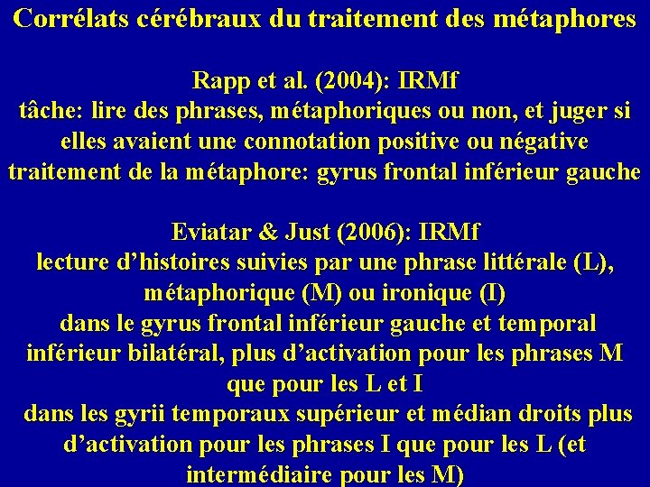 Corrélats cérébraux du traitement des métaphores Rapp et al. (2004): IRMf tâche: lire des