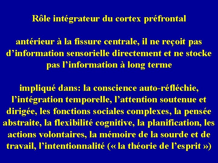 Rôle intégrateur du cortex préfrontal antérieur à la fissure centrale, il ne reçoit pas