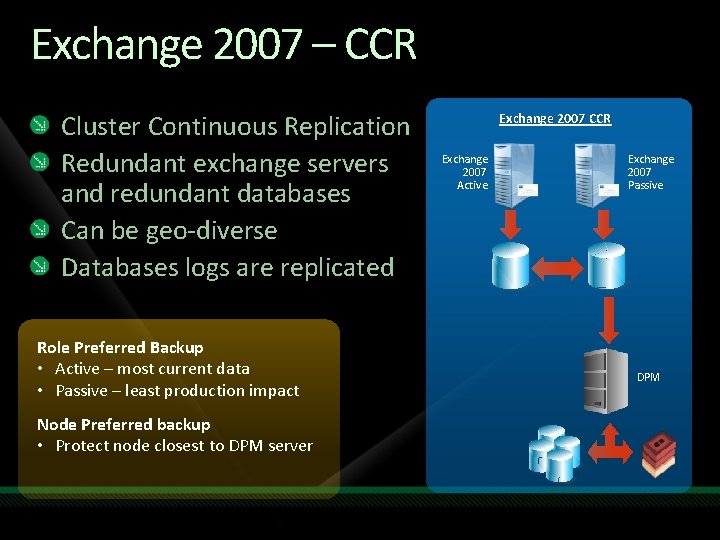 Exchange 2007 – CCR Cluster Continuous Replication Redundant exchange servers and redundant databases Can Exchange 2007 – CCR Cluster Continuous Replication Redundant exchange servers and redundant databases Can