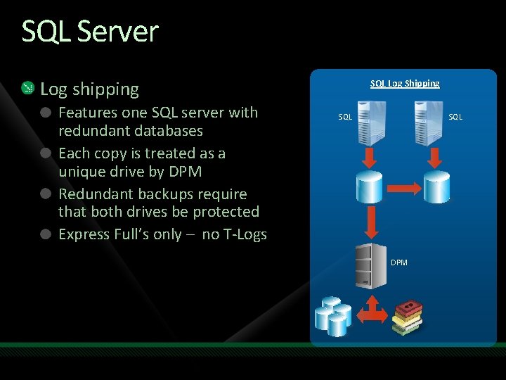 SQL Server Log shipping Features one SQL server with redundant databases Each copy is SQL Server Log shipping Features one SQL server with redundant databases Each copy is