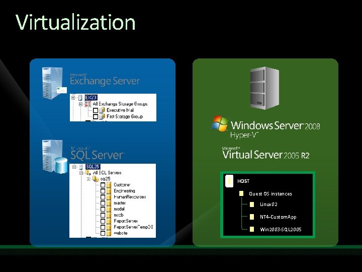 Virtualization HOST Guest OS instances Linux 02 NT 4 -Custom. App Win 2003 -SQL Virtualization HOST Guest OS instances Linux 02 NT 4 -Custom. App Win 2003 -SQL
