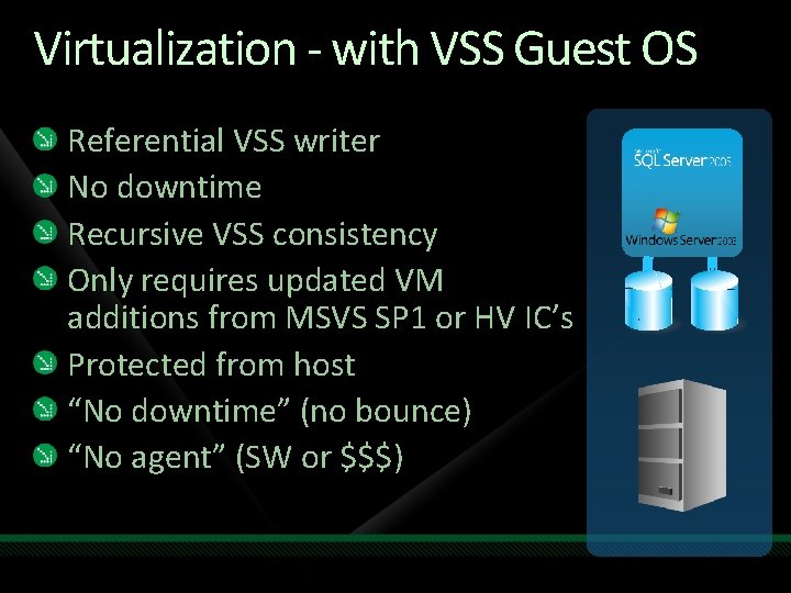 Virtualization - with VSS Guest OS Referential VSS writer No downtime Recursive VSS consistency Virtualization - with VSS Guest OS Referential VSS writer No downtime Recursive VSS consistency