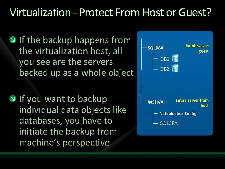 Virtualization - Protect From Host or Guest? If the backup happens from the virtualization Virtualization - Protect From Host or Guest? If the backup happens from the virtualization