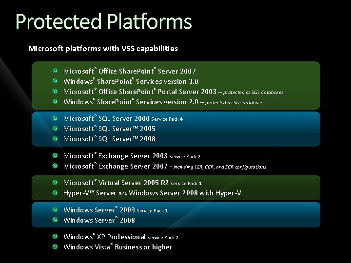 Protected Platforms Microsoft platforms with VSS capabilities Microsoft® Office Share. Point® Server 2007 Windows® Protected Platforms Microsoft platforms with VSS capabilities Microsoft® Office Share. Point® Server 2007 Windows®