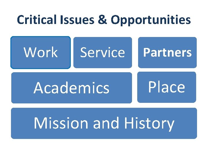Critical Issues & Opportunities Work Service Academics Partners Place Mission and History 