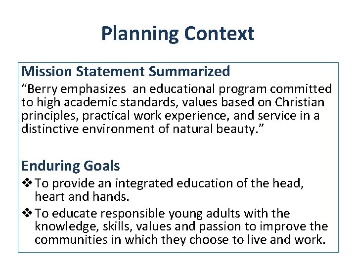 Planning Context Mission Statement Summarized “Berry emphasizes an educational program committed to high academic