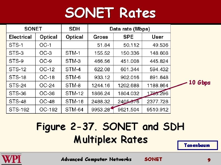 SONET Rates 10 Gbps Figure 2 -37. SONET and SDH Multiplex Rates Tanenbaum Advanced SONET Rates 10 Gbps Figure 2 -37. SONET and SDH Multiplex Rates Tanenbaum Advanced