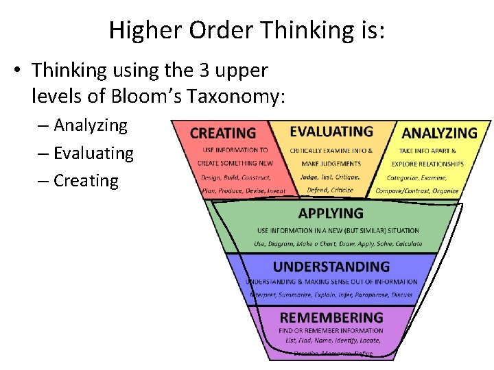 Higher Order Thinking is: • Thinking using the 3 upper levels of Bloom’s Taxonomy: