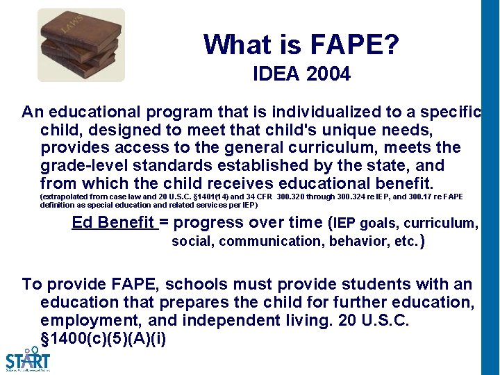 What is FAPE? IDEA 2004 An educational program that is individualized to a specific