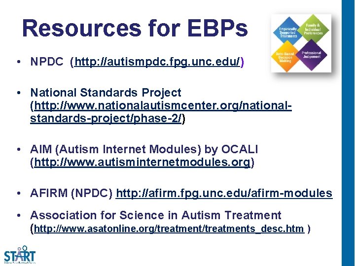 Resources for EBPs • NPDC (http: //autismpdc. fpg. unc. edu/) • National Standards Project