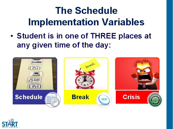 The Schedule Implementation Variables • Student is in one of THREE places at any