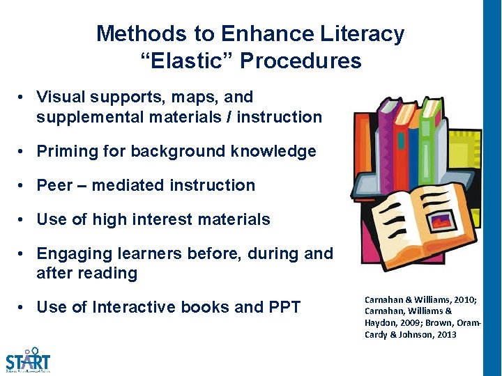 Methods to Enhance Literacy “Elastic” Procedures • Visual supports, maps, and supplemental materials /