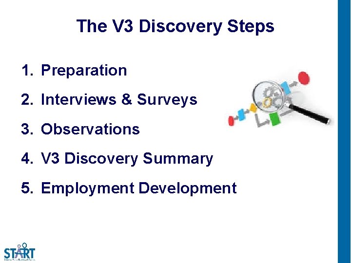 The V 3 Discovery Steps 1. Preparation 2. Interviews & Surveys 3. Observations 4.