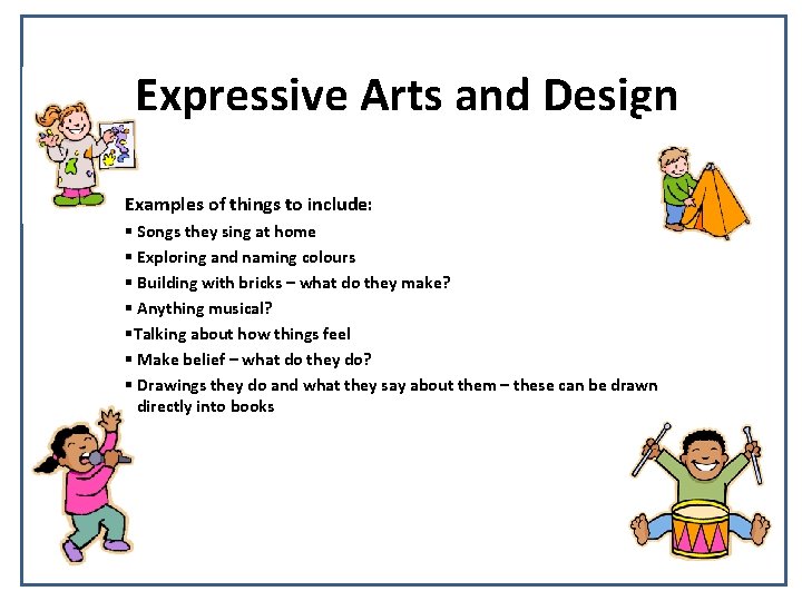 Expressive Arts and Design Examples of things to include: § Songs they sing at