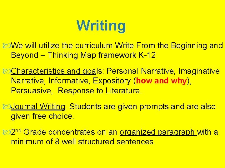 Writing We will utilize the curriculum Write From the Beginning and Beyond – Thinking