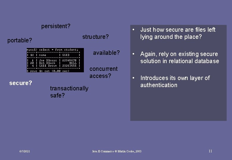 persistent? portable? structure? available? concurrent access? secure? 6/7/2021 transactionally safe? • Just how secure