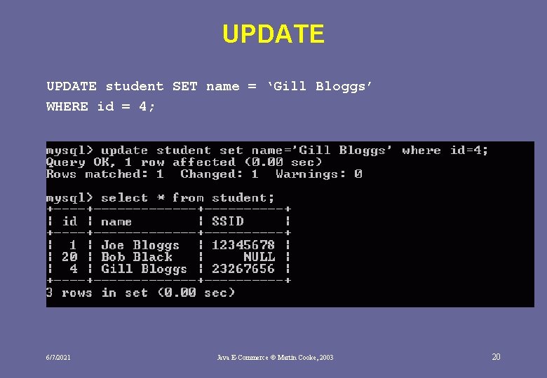 UPDATE student SET name = ‘Gill Bloggs’ WHERE id = 4; 6/7/2021 Java E-Commerce