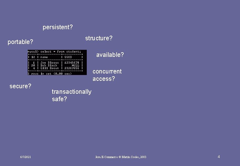 persistent? portable? structure? available? concurrent access? secure? 6/7/2021 transactionally safe? Java E-Commerce © Martin