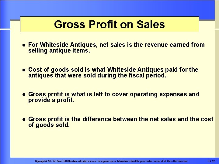 Gross Profit on Sales l For Whiteside Antiques, net sales is the revenue earned