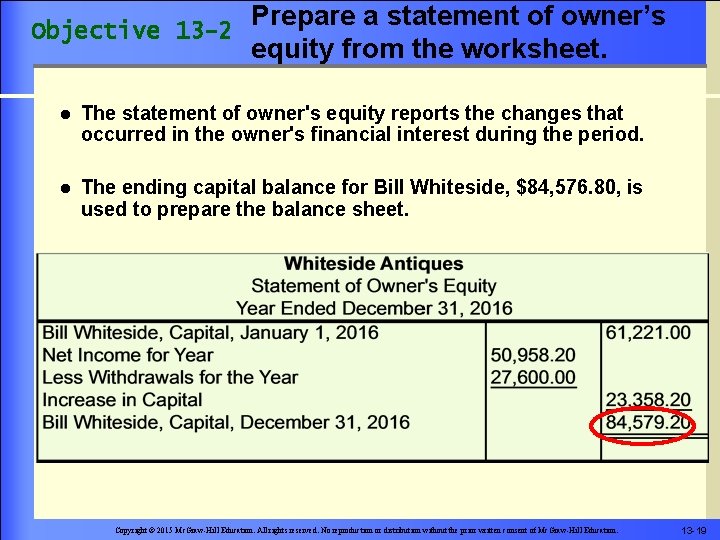 Objective 13 -2 Prepare a statement of owner’s equity from the worksheet. l The
