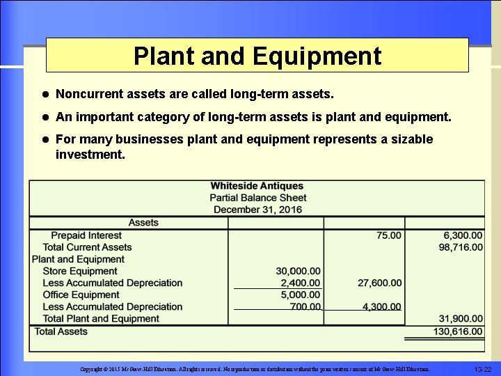 Plant and Equipment l Noncurrent assets are called long-term assets. l An important category